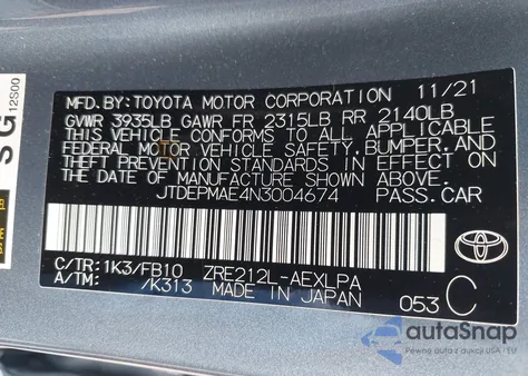 2022 Toyota Corolla Le z USA, uszkodzony, nr VIN JTDEPMAE4N3004674